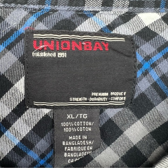 Union Bay Black, White & Blue Plaid Button Down Shirt 100% Cotton Size XL - Picture 4 of 6